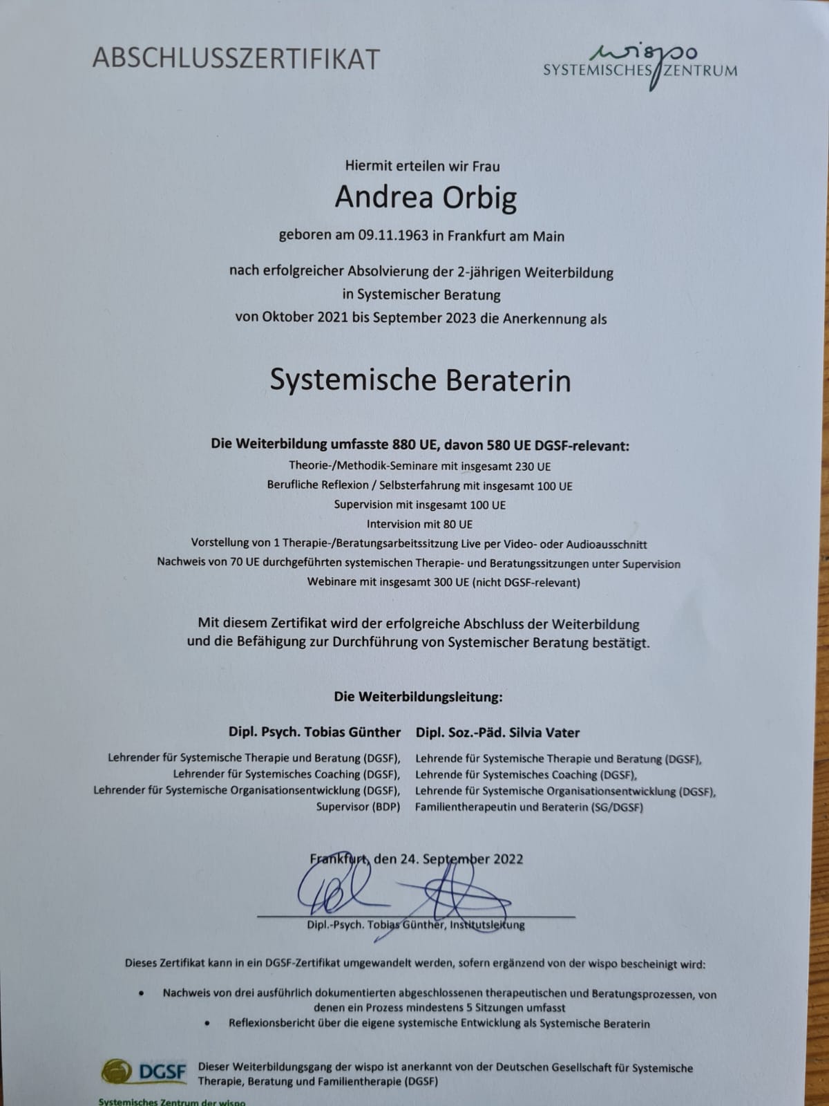 Zertifikat Systemische-Beraterin